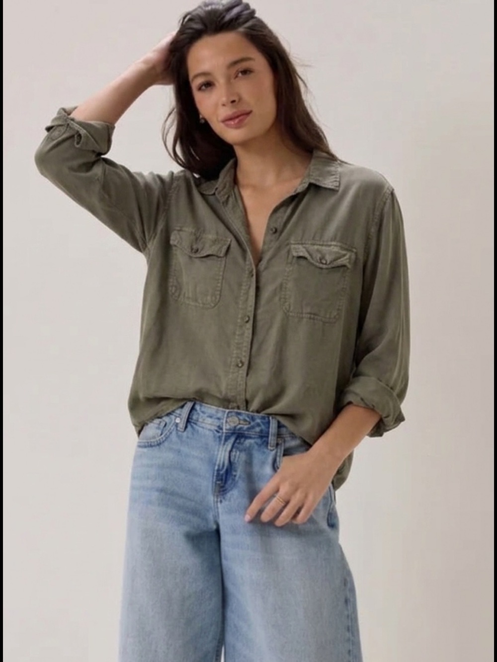 Marine Layer Womens 100% Tencel Long Sleeve Cargo Button Down Shirt Size M Olive - Picture 10 of 10